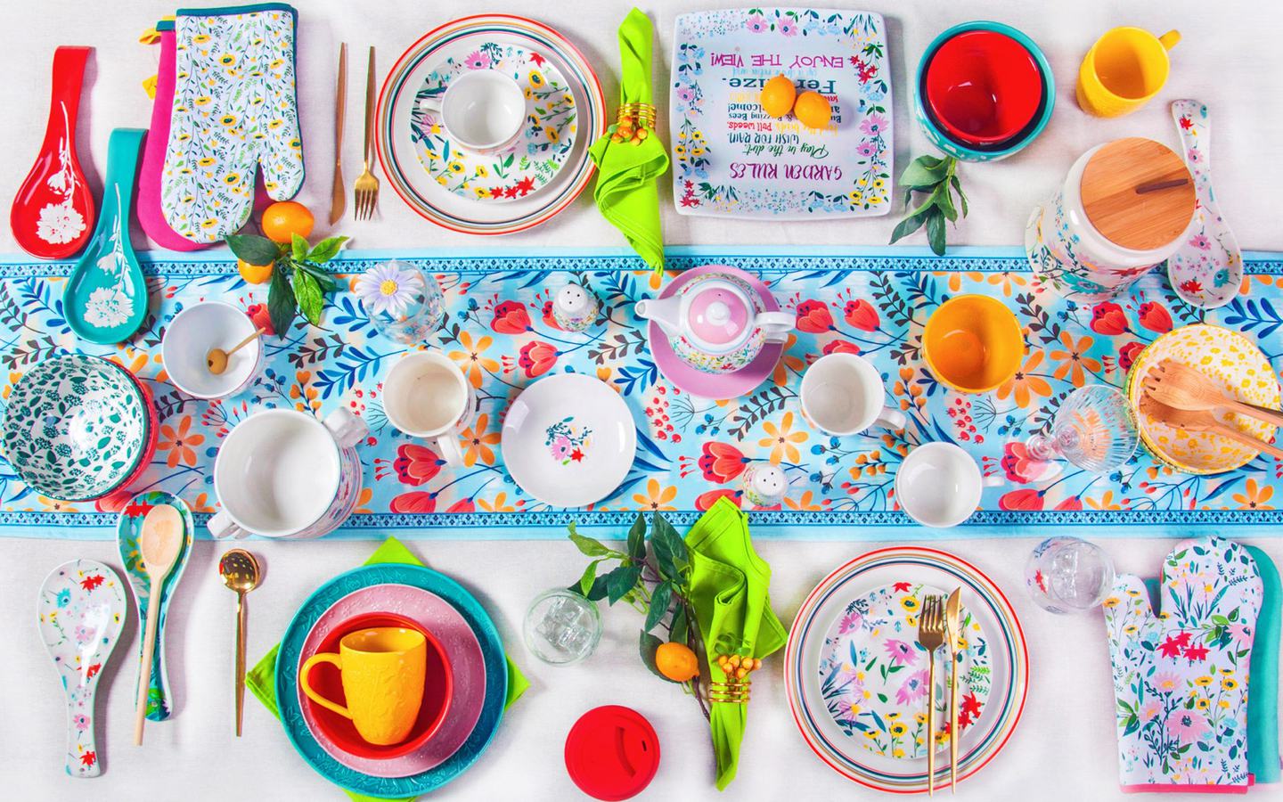 Colourful patterned ceramic tableware, mugs and kitchen accessories