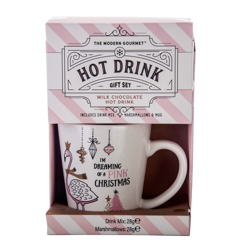Hot drink gift set with ceramic mug, milk chocolate drink mix and marshmallows