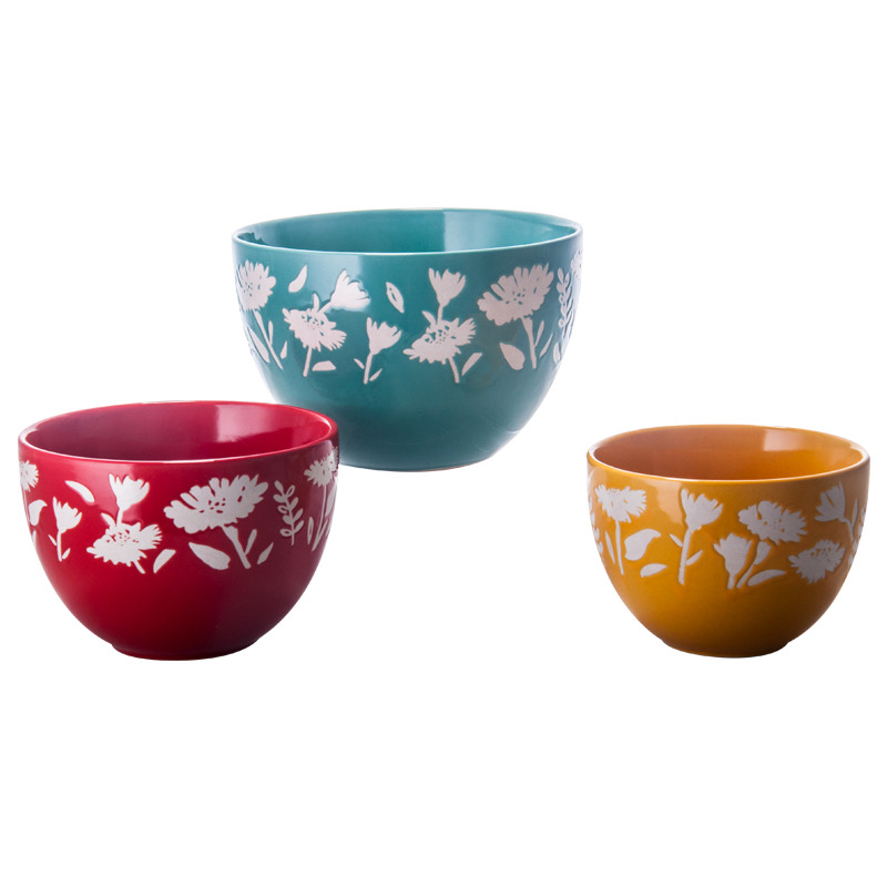 Wild Blooms ceramic bowls in red, teal and mustard