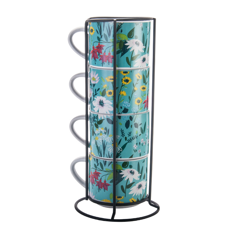 Wild Blooms floral stacking mug set with metal rack